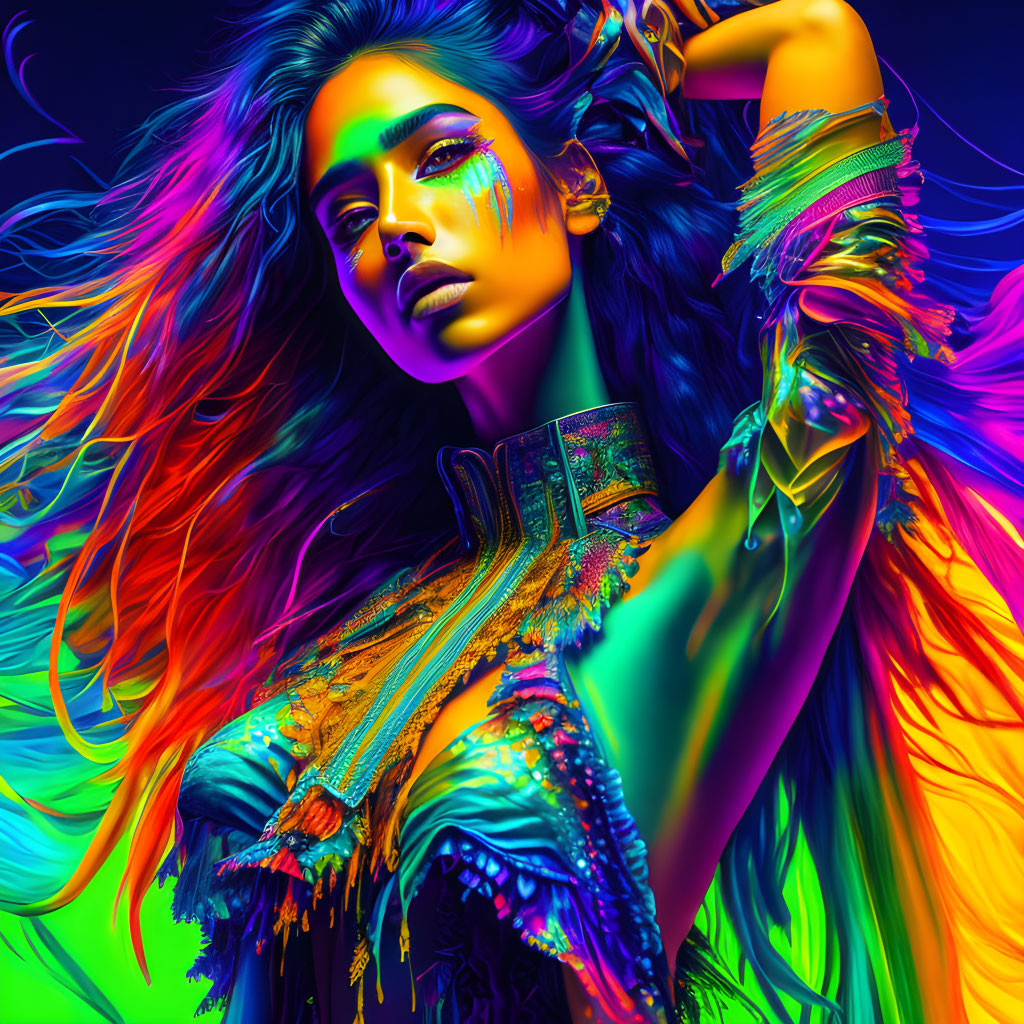 Colorful portrait of a woman with flowing hair and neon makeup
