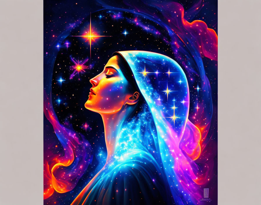 Vibrant cosmic background with woman's profile silhouette