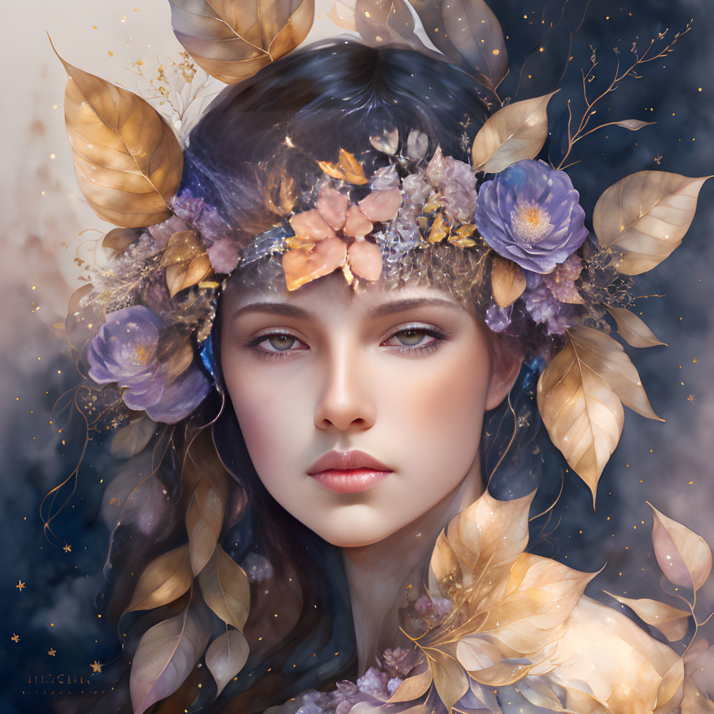 Digital artwork of woman with floral wreath and autumnal leaves, purple flowers, starry background