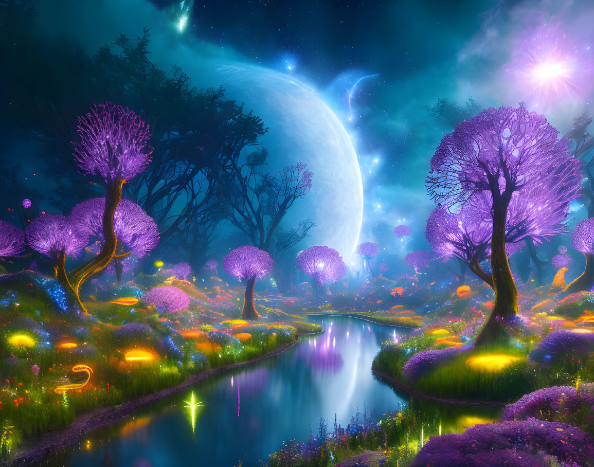 Fantastical Landscape: Purple Trees, Luminous River, Vibrant Flora, Starry