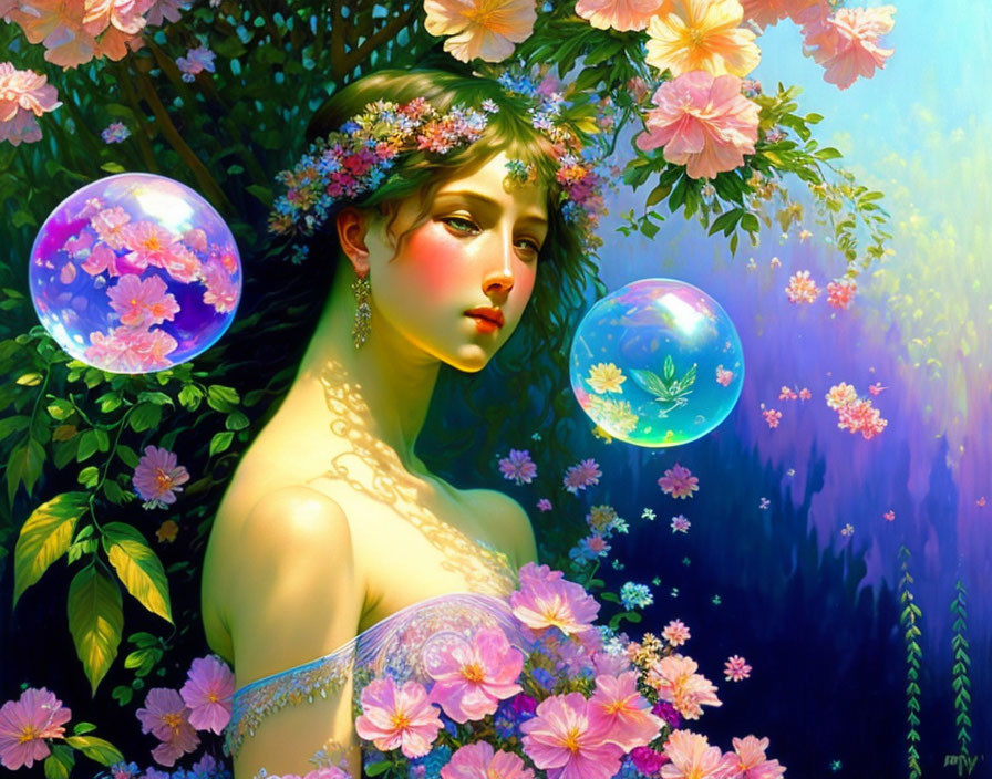 Woman with floral headpiece surrounded by soap bubbles and flowers.