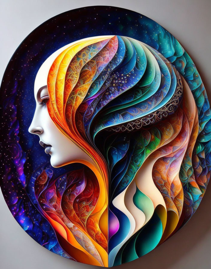 Vibrant circular artwork of woman with colorful, wavy hair on cosmic background