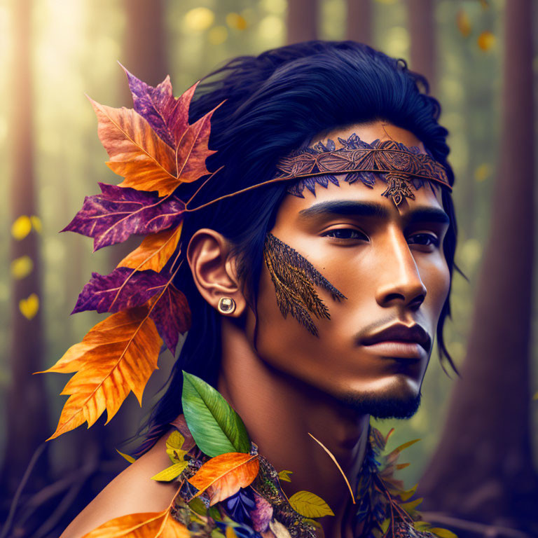 Man with Leaf Crown and Autumn Leaves in Forest Setting