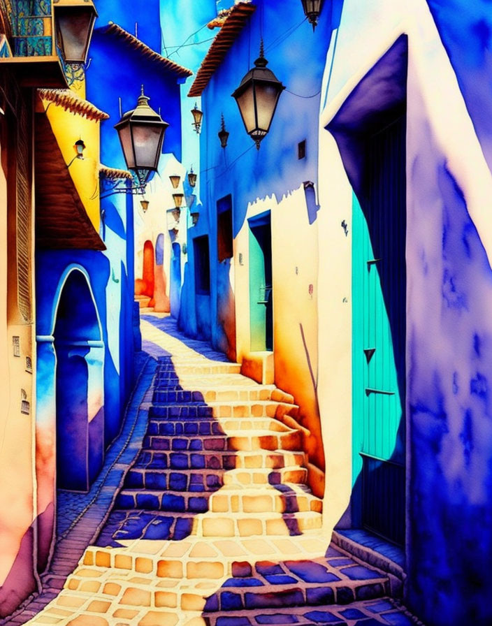 Colorful Mediterranean-style alley with cobblestone steps and hanging lanterns