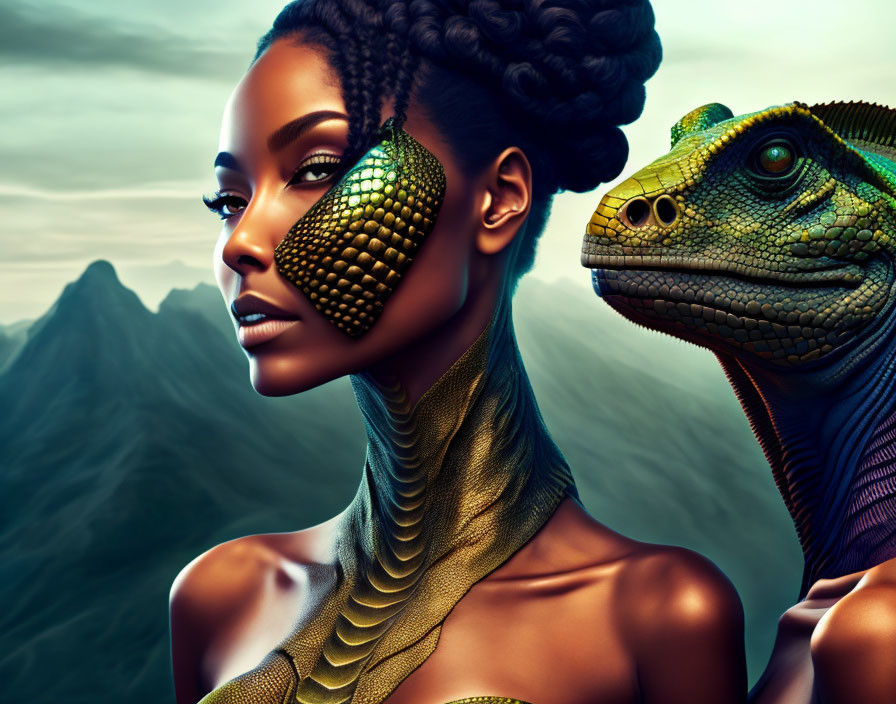 Surreal portrait of woman with reptilian features and lizard against mountain backdrop