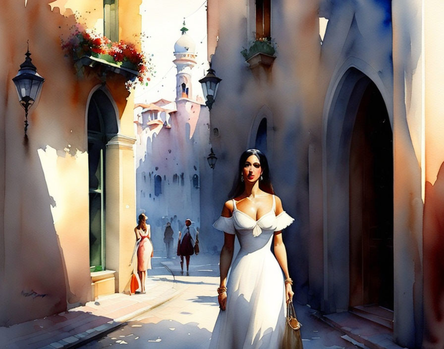 Woman in White Dress on Sunlit Cobblestone Street with Long Shadows