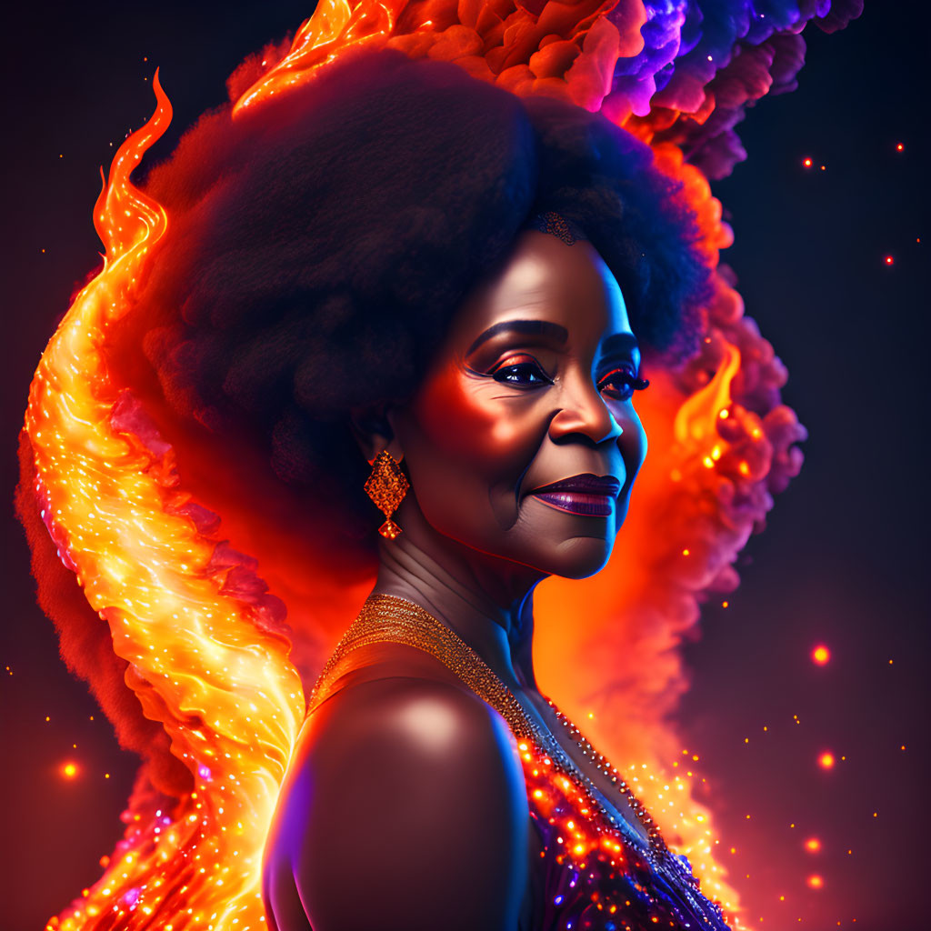 Colorful Digital Portrait of Woman with Fiery Elements on Dark Background