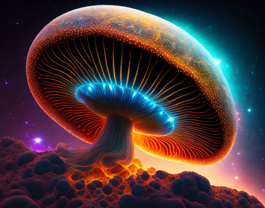Bioluminescent mushroom glowing in starry sky landscape
