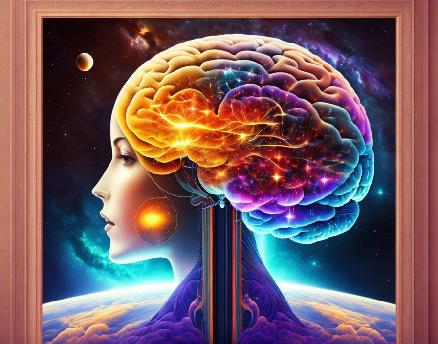 Surreal portrait of woman with exposed brain in cosmic setting