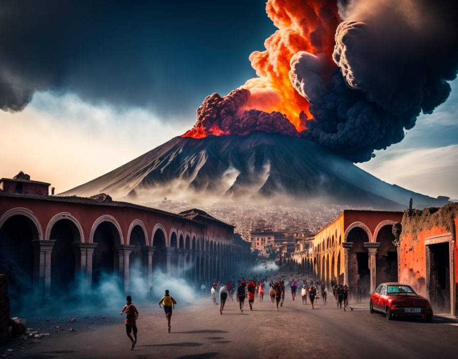 Cityscape with erupting volcano, evacuating people, and red car in chaos.