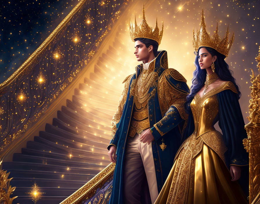 Regal man and woman in golden and blue robes with crowns on grand staircase
