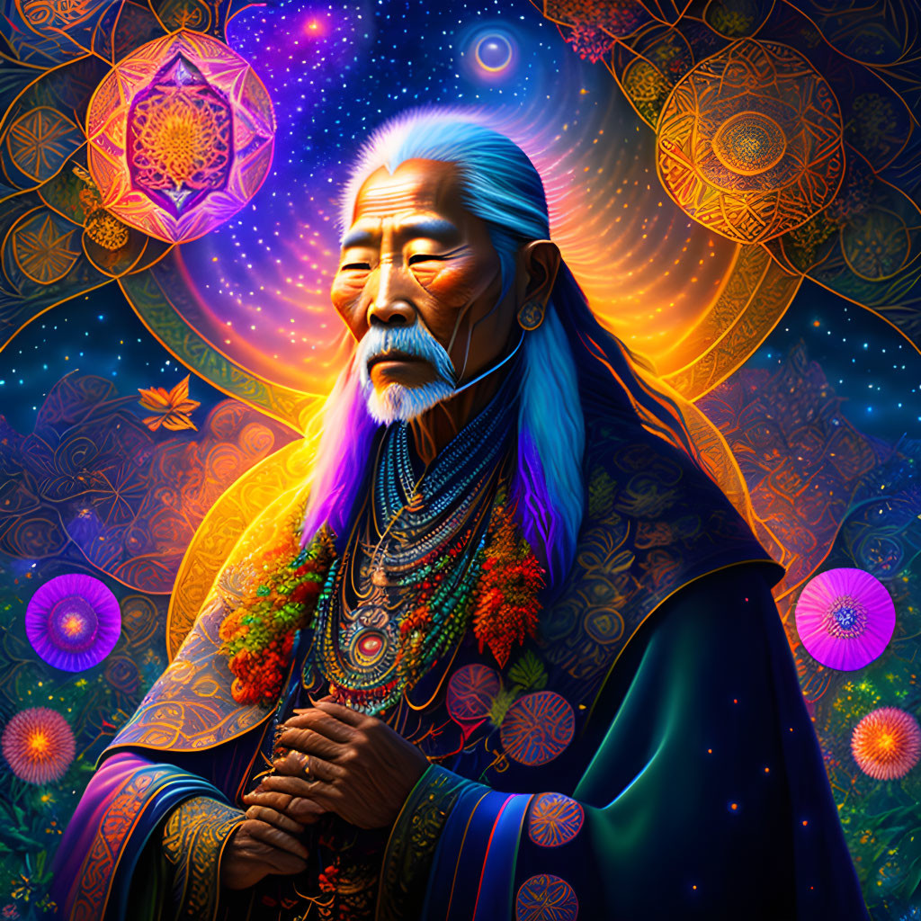 Elderly Asian man surrounded by vibrant psychedelic patterns