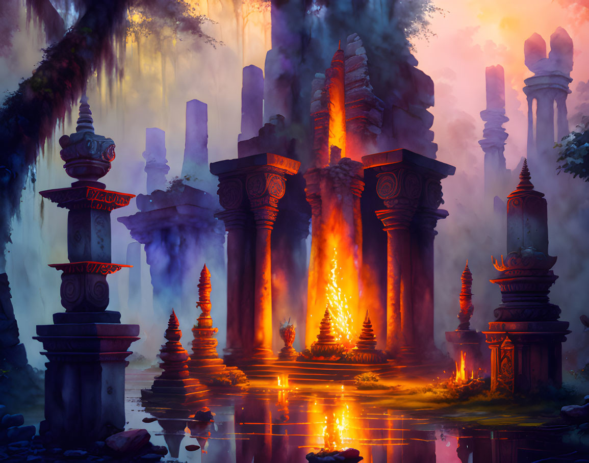 Ancient ruins with stone pillars, fiery glow, water reflection, mist, and forest ambiance