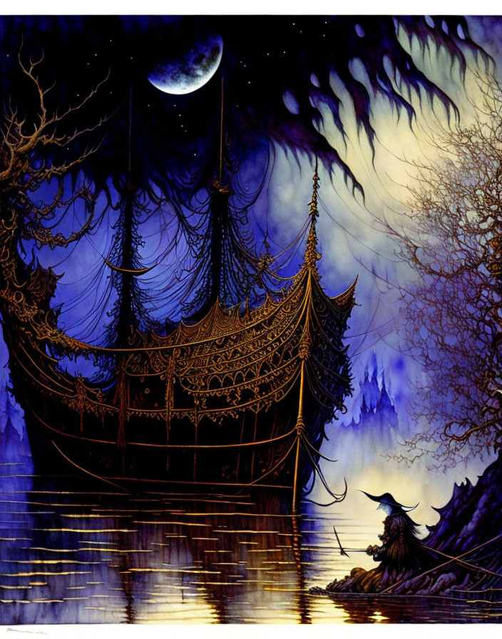 Majestic crescent moon night scene with ship, cloaked figure, and eerie trees