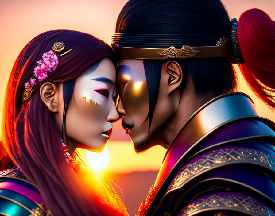 Asian warrior characters in intimate moment at sunset
