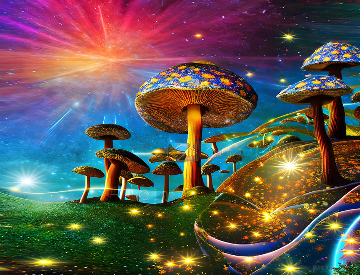 Vibrant digital artwork: Oversized luminescent mushrooms on cosmic background