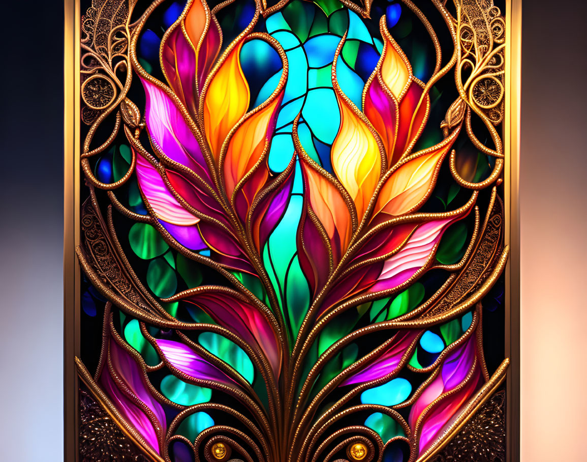 Colorful Stained Glass Window with Leaf Design in Rich Tones