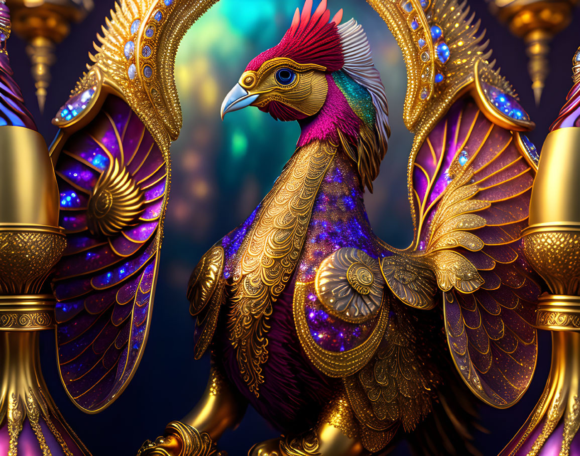 Colorful Stylized Rooster with Golden Wings on Soft Background