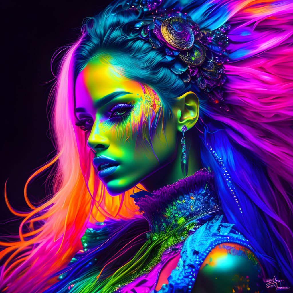 Colorful Neon Portrait of Woman with Ornate Headpiece and Flowing Hair