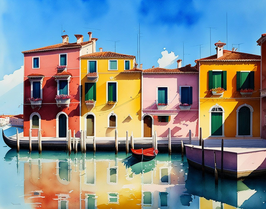 Colorful Canal Houses and Moored Boats Under Blue Sky