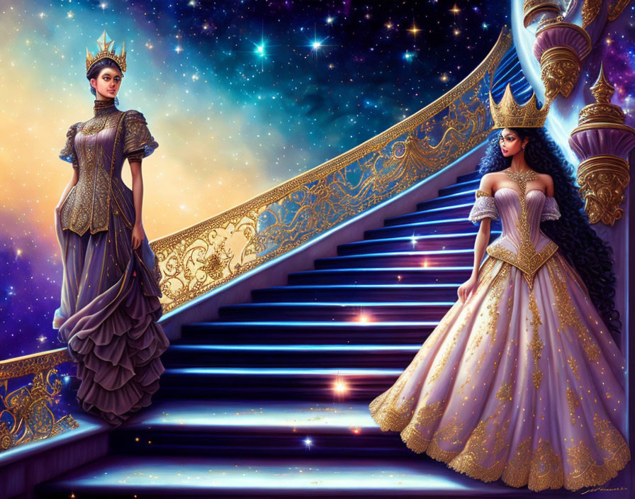 Regal women in elaborate dresses by grand staircase with celestial motifs