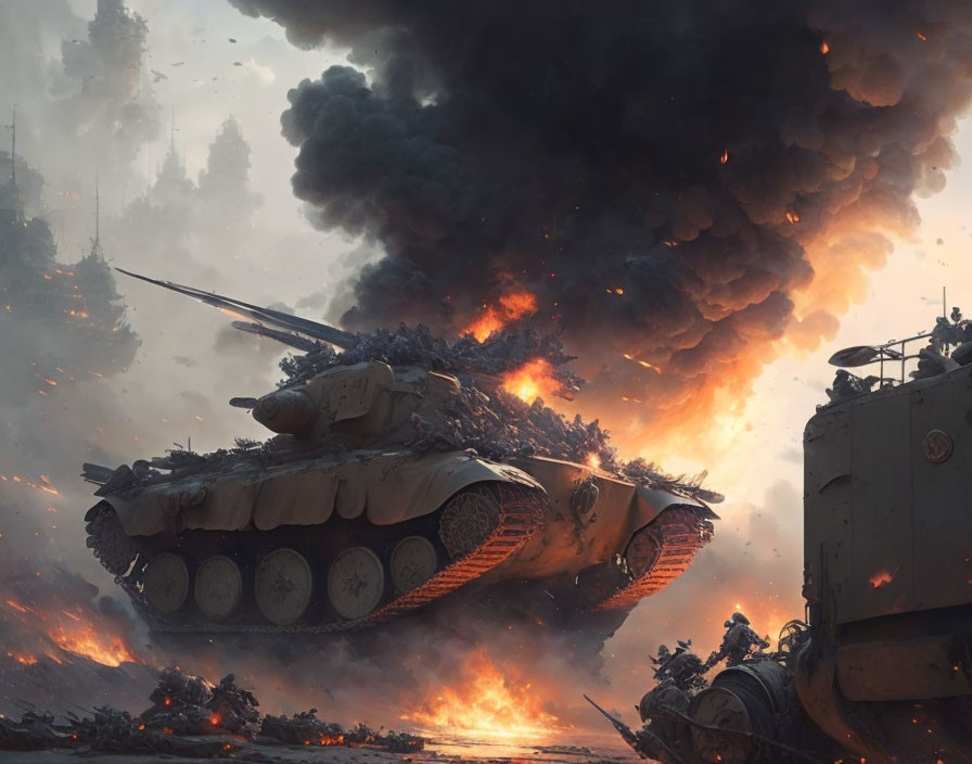 Dramatic battle tank in mid-air amidst fires and explosions