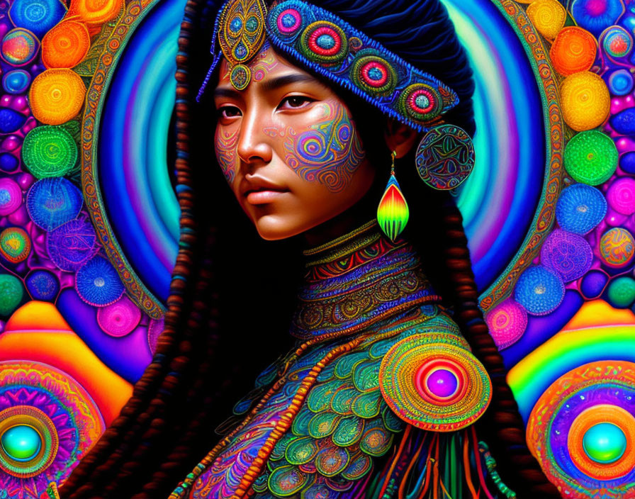 Colorful portrait with intricate patterns and psychedelic background