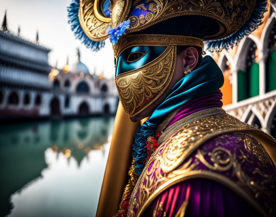 Ornate Venetian mask with gold detail worn in colorful costume against Venice canal backdrop