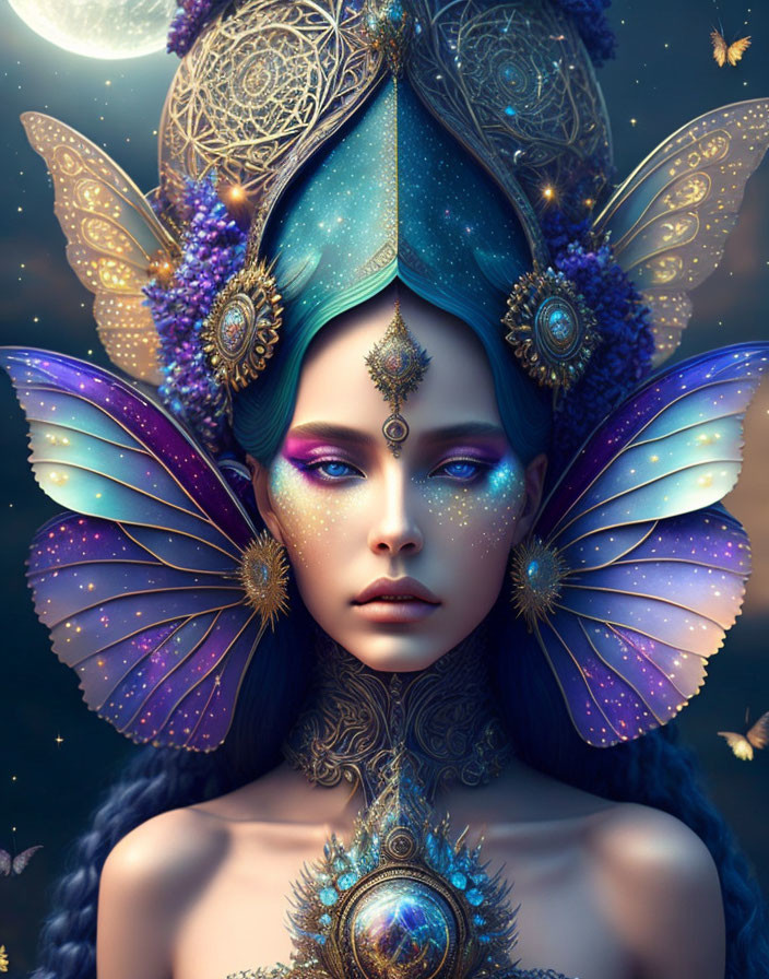 Fantastical portrait of woman with butterfly wings and starry headdress