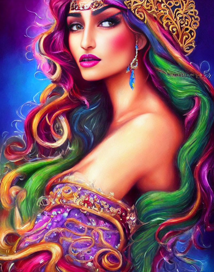 Vibrant portrait of a woman in golden crown and ornate purple attire