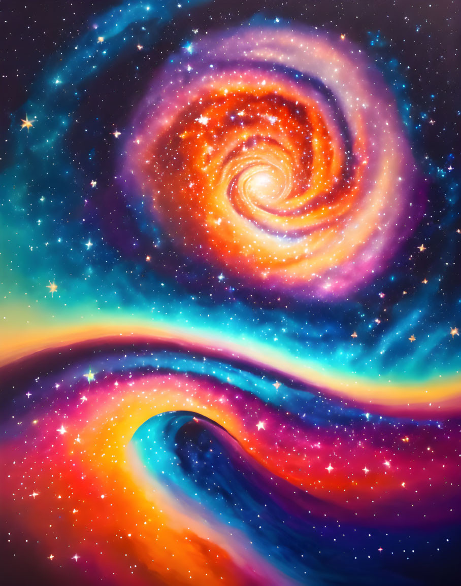 Colorful Galaxy with Swirling Stars and Nebulae in Blue, Purple, Orange, and Yellow