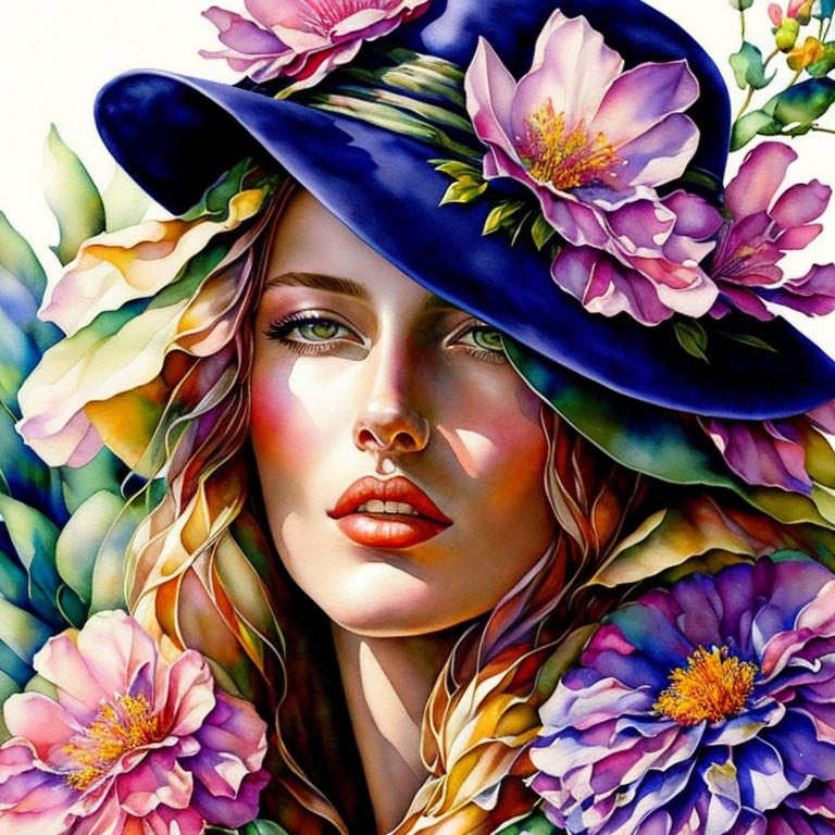Colorful painting of woman with wavy hair in blue hat among vibrant flowers