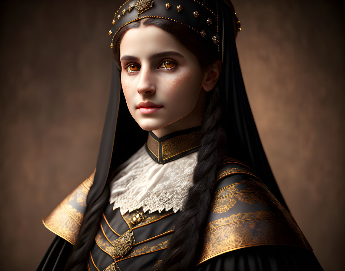 Regal woman in ornate black and gold gown with braided hairstyle