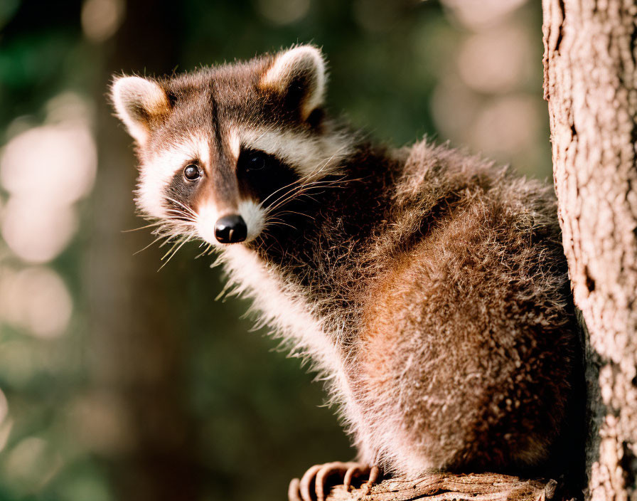 Fluffy raccoon with black mask on tree branch in wooded setting