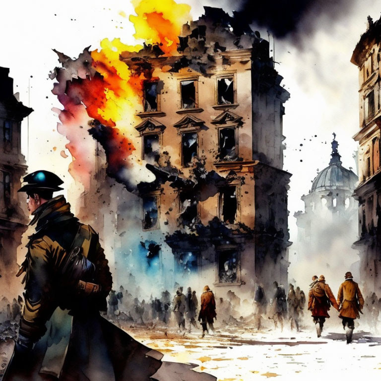 Watercolor painting of fire-damaged building and soldier in war scene