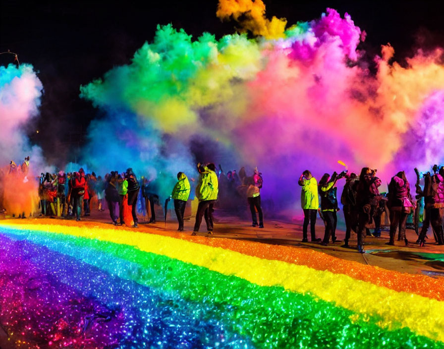 Colorful Night Celebration with Vibrant Smoke and Rainbow Path