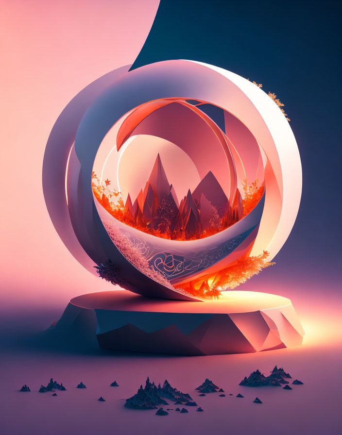 Layered Rings, Mountains, Autumn Trees in Abstract 3D Art