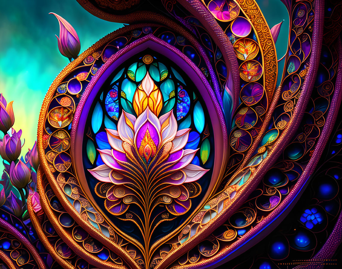 Colorful Digital Artwork: Stylized Lotus Flower in Paisley Design