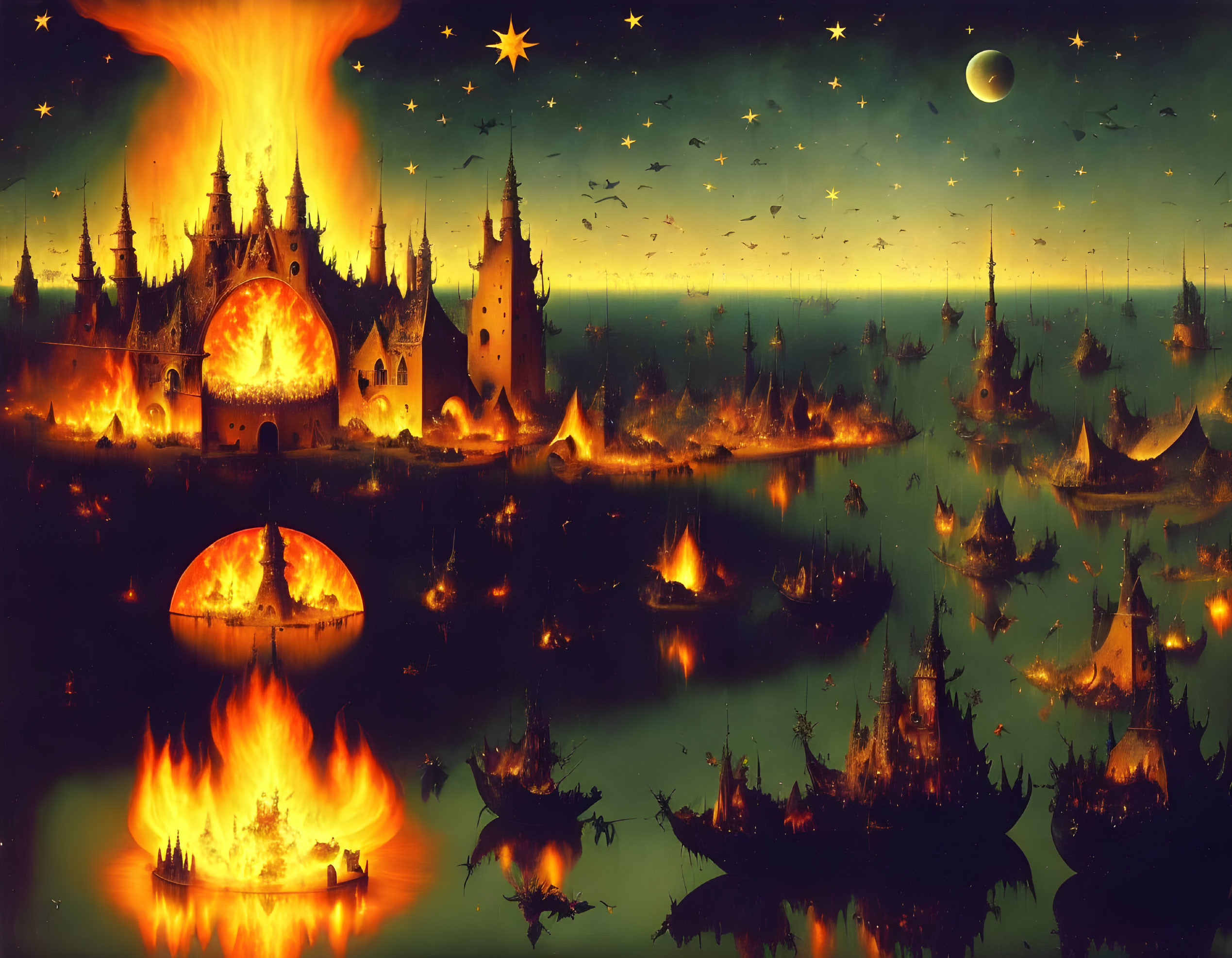 Fantasy landscape at night with fiery eruptions, starry skies, and gothic structures