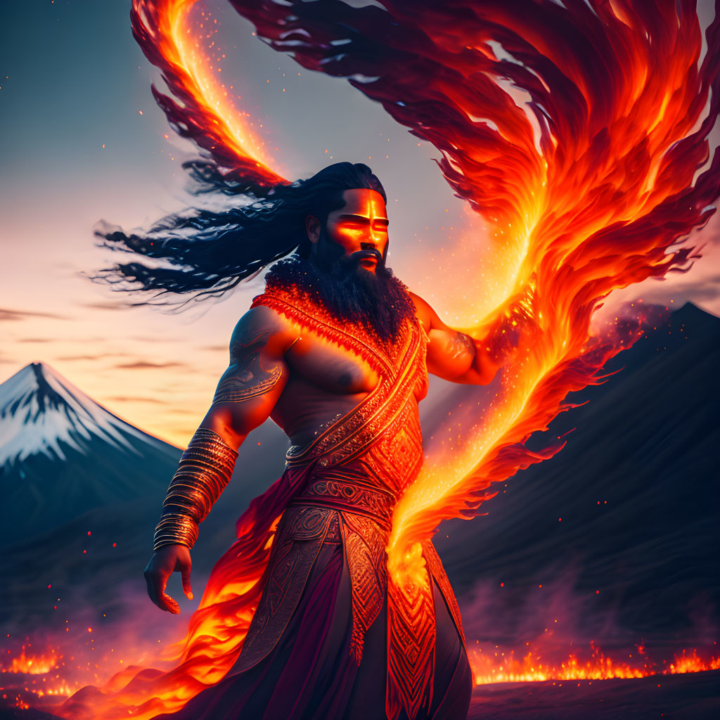 Fiery deity with lava mane before volcanic mountain