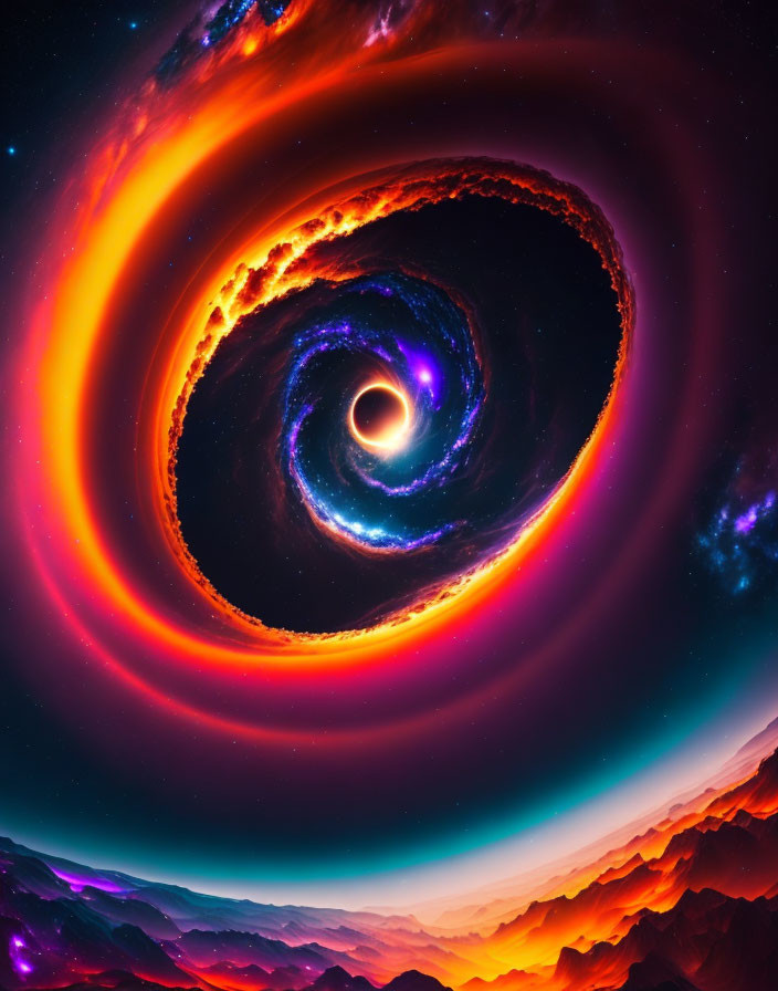Colorful digital art of black hole absorbing material in space