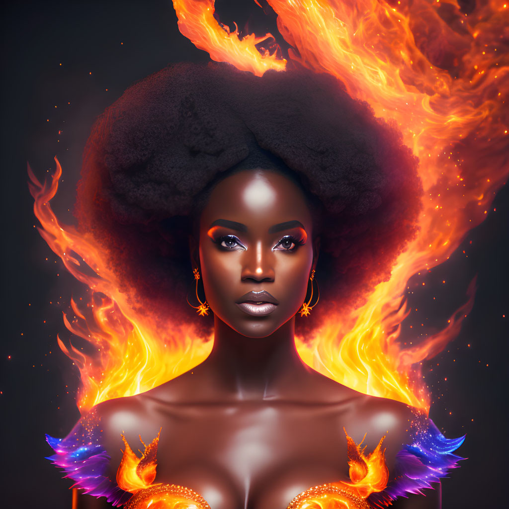 Woman with fiery makeup and flame-like hair on dark background