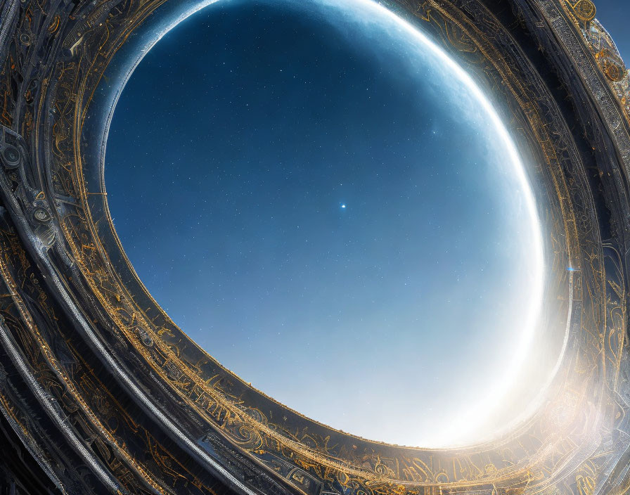 Ornate circular structure frames planet horizon in space-view