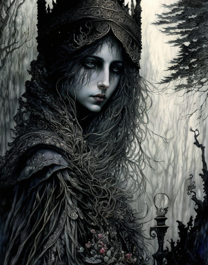 Gothic fantasy art: pale woman in crown, dark attire, holding goblet, eerie tree