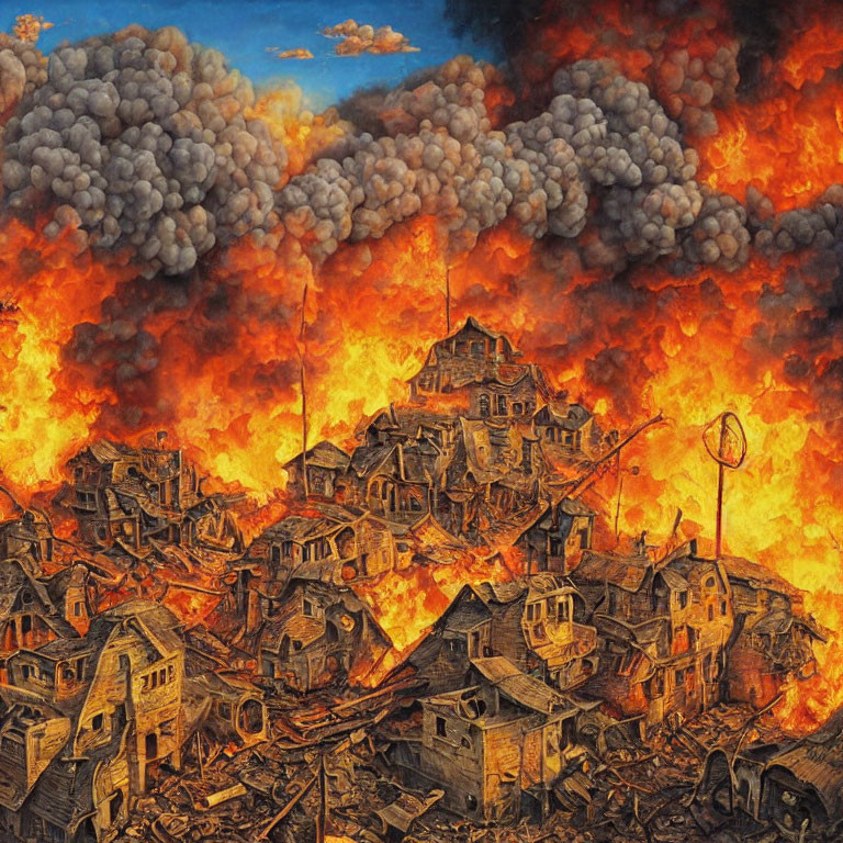 Apocalyptic burning cityscape with intense flames and billowing smoke