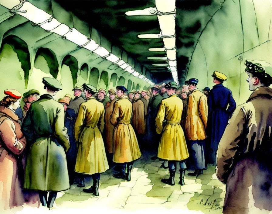 Vibrant watercolor of crowded subway station with trench-coated people & officers