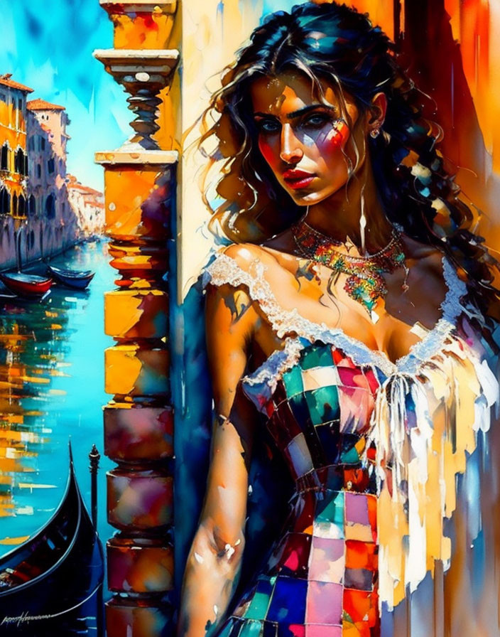 Vibrant artwork of woman in patchwork dress by Venice canal