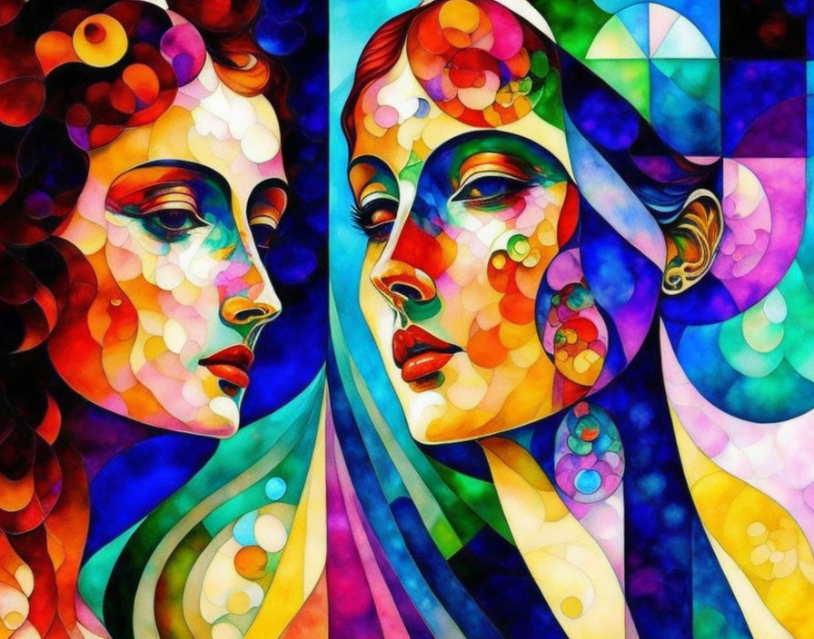Vibrant stained-glass style artwork of two female profiles