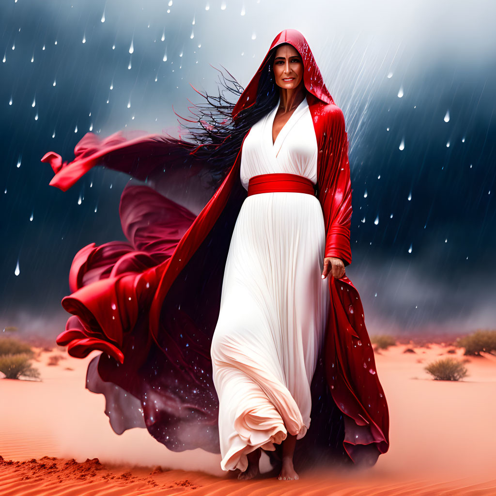 Woman in Red and White Dress Standing in Desert Rainfall