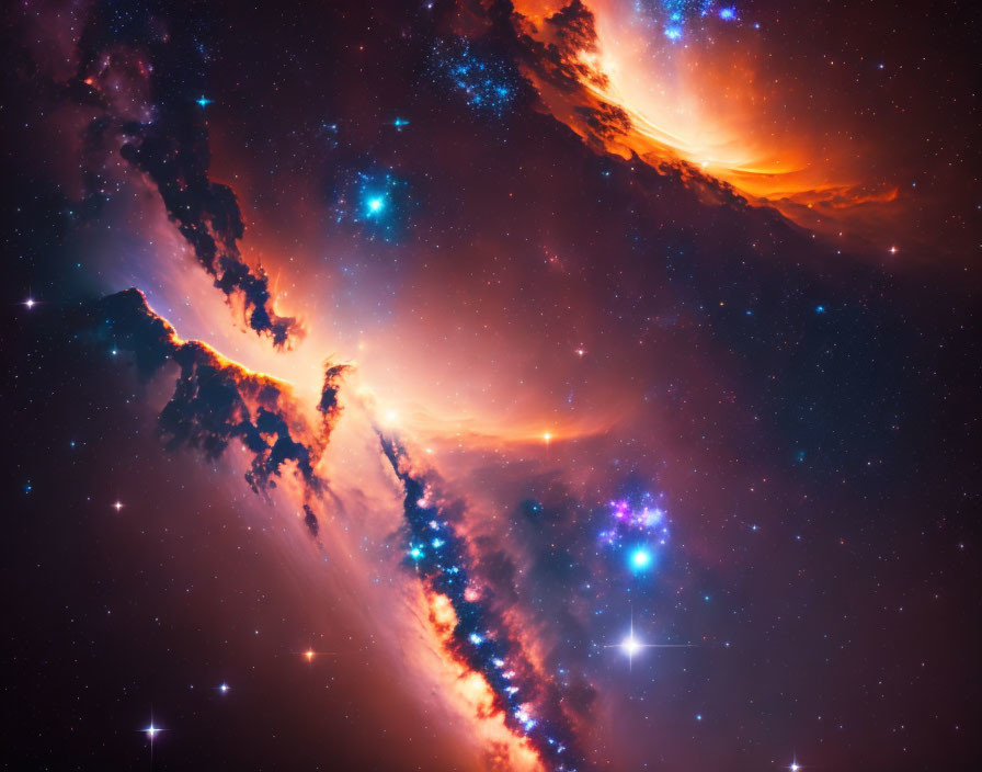 Colorful Orange and Blue Nebula with Stars in Cosmic Scene